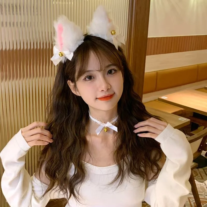 Sexy Cat Ears Headband for Women Girls Lace Bow Necklace Plush Bell Hairband Cosplay Masquerade-Party Costume Hair Accessories photo 4