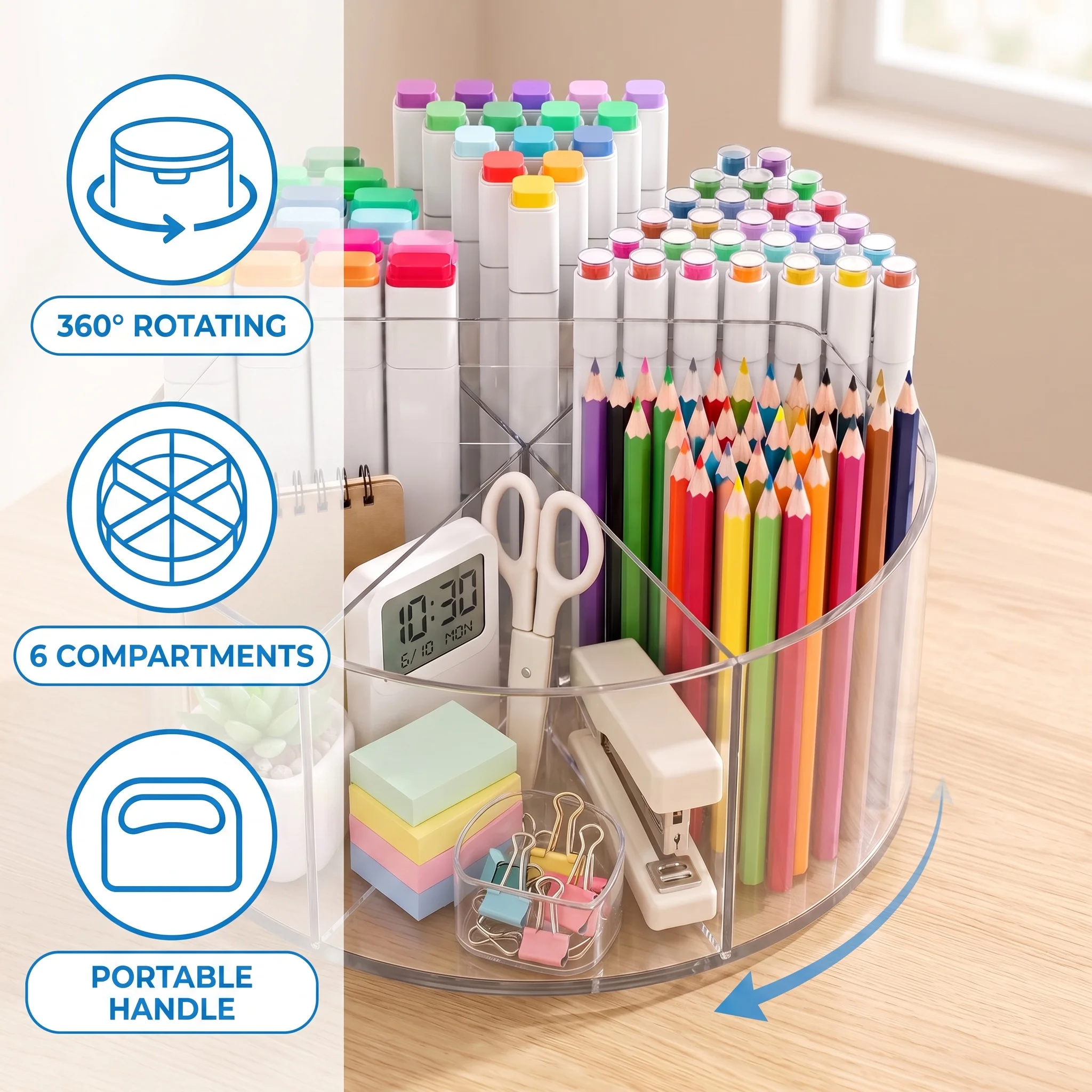2pcs Clear Acrylic 360° Rotating Desk Organizer - Multi-Purpose Spinning Pen Holder & Makeup Carousel for Office Supplies, Vanity Table, Craft Studio, and Family Room Storage photo 3