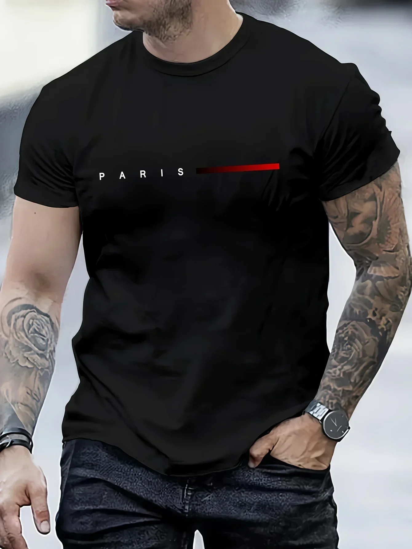 Men's 100% Cotton Summer Loose PARIS Creative Letter Print Casual Slim Fit Round Neck Short Sleeved T-shirt Top photo 3