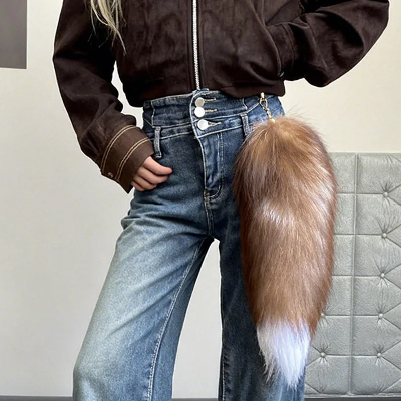 Natural Fox Fur Tail Keychain Fluffy Y2K Wolf Tail Keychains Car Accessories Anime Tail Fur Keychain Bag Charms Jewelry Key Ring photo 5