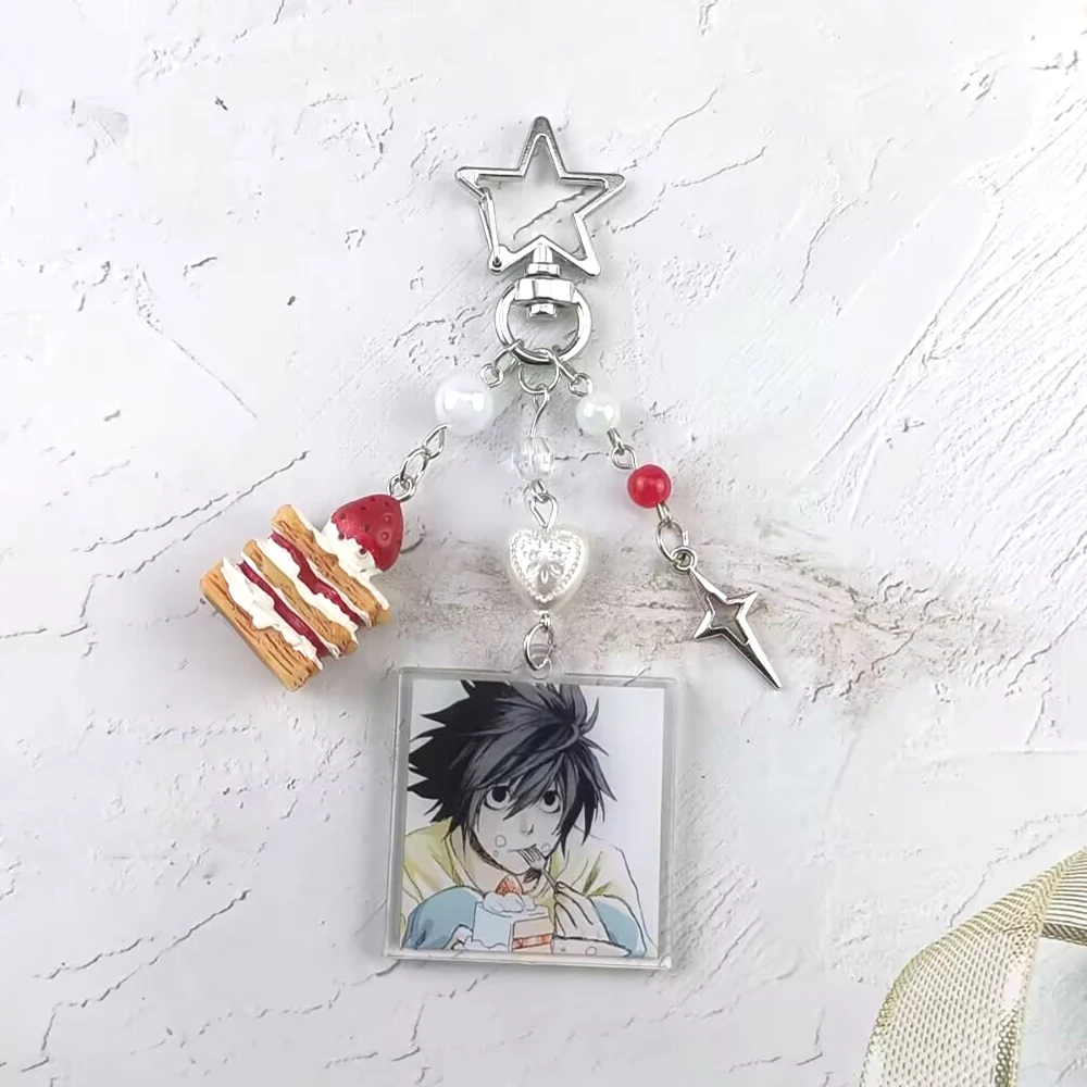 Handmade Anime Death Note L Lawliet Cake Beaded Keychain Bag Charms Aesthetic Handbag Pendant Key Ring Christmas Gift photo 4