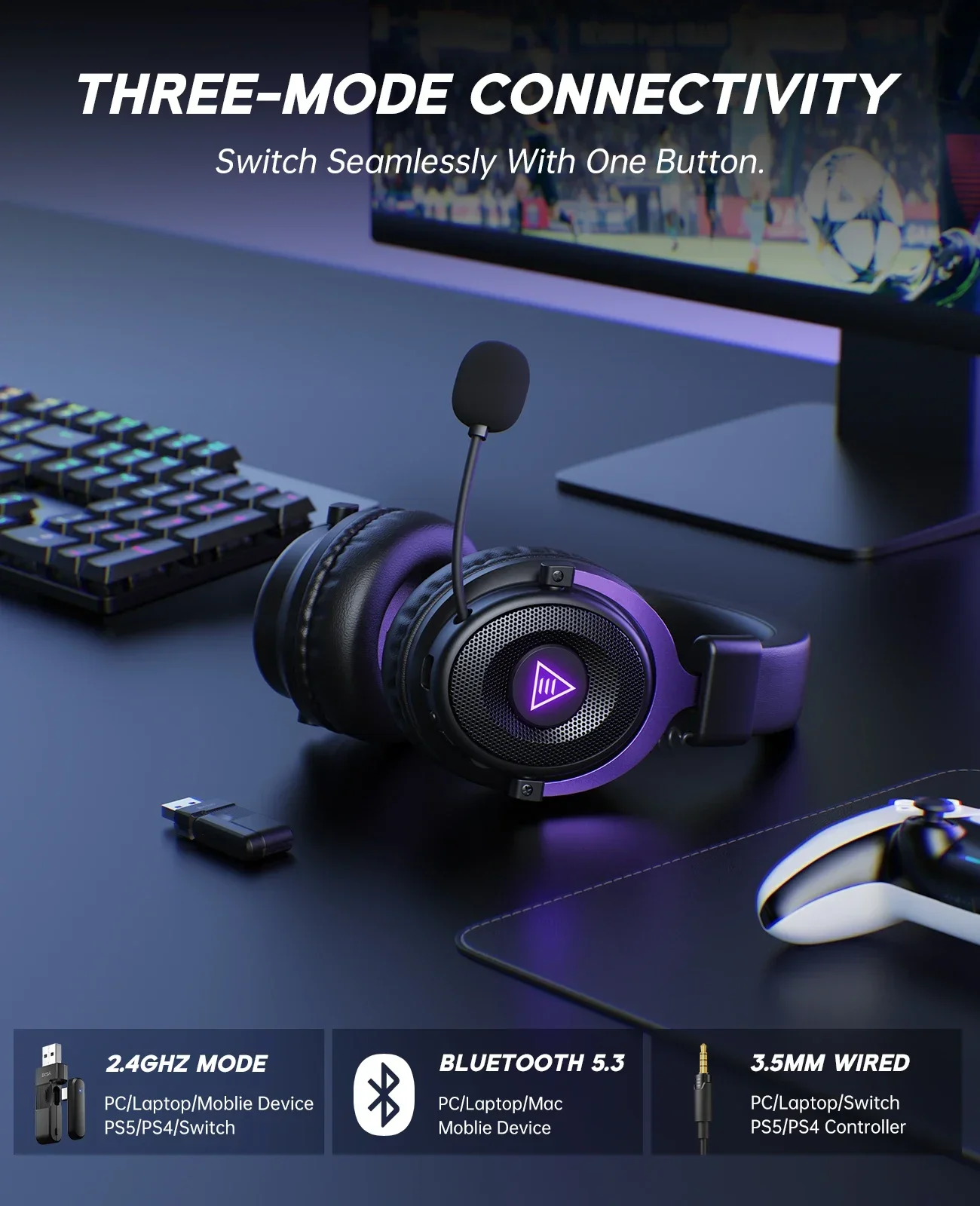 Oneodio EKSA E900 WT 2.4G Wireless Gaming Headset Tri-Mode Over Ear Bluetooth Headphones Gamer With Mic RGB For PC PS4 PS5 80Hr photo 2