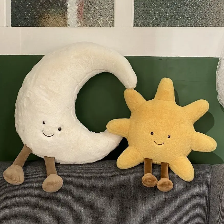 Adorable Smile Face White Moon Yellow Sun Plushie Stuffed Cute Cartoon Weather Plush Toy for Kid Bedroom Decor Sofa Throw Pillow photo 6