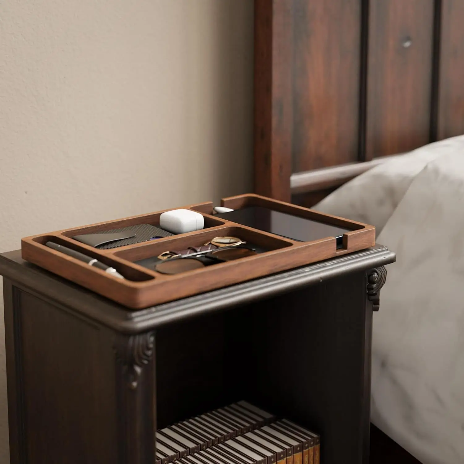 ooden Office Desktop Storage Box Solid Wood Partition Storage Box Mobile Phone Headphone Debris Storage Box Wooden Storage Tray photo 2