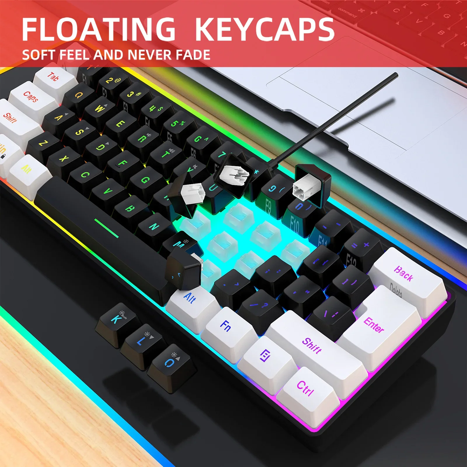 Keyboard and mouse 60%RGB gaming pc usb combo backlit keyboards kit mini gamer wired key board and mouse set computer whiteblack photo 3