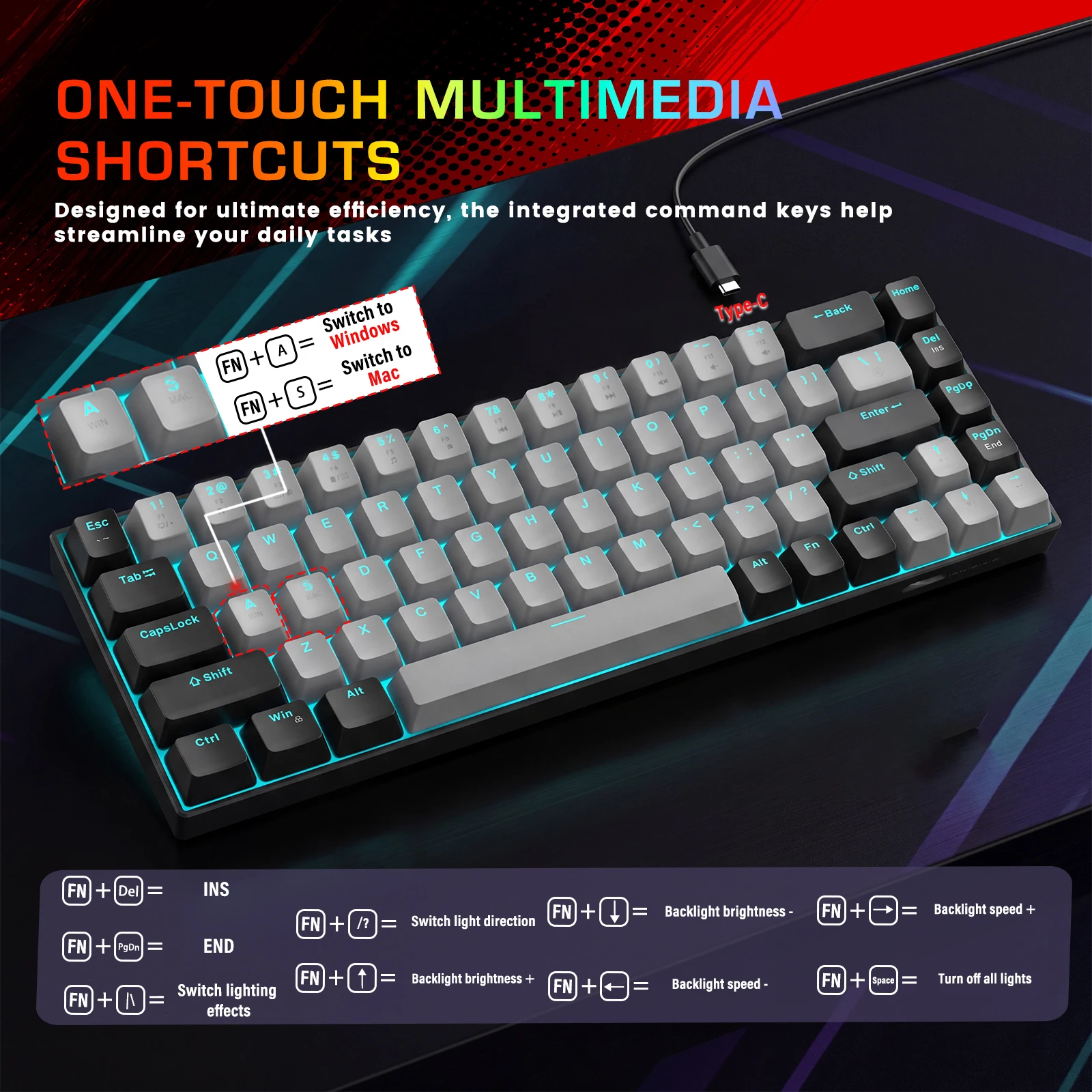 FocusOnPC MK-BOX Portable 60% Mechanical Gaming Keyboard, 68 Keys Compact Wired Keyboard with LED Backlight for Gaming & Office, Compatible with PC, Laptop & Mac, Free Random Mouse Pad Included photo 4