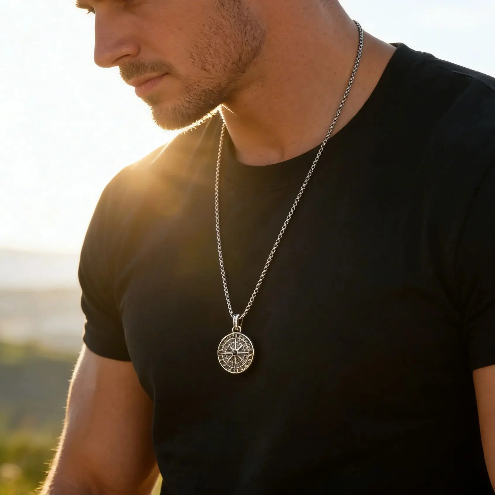 Men's Silver Color Geometric Pendant Necklace, Non Fading Stainless Steel Compass Necklace with Chain, Stylish Jewelry Gifts photo 5