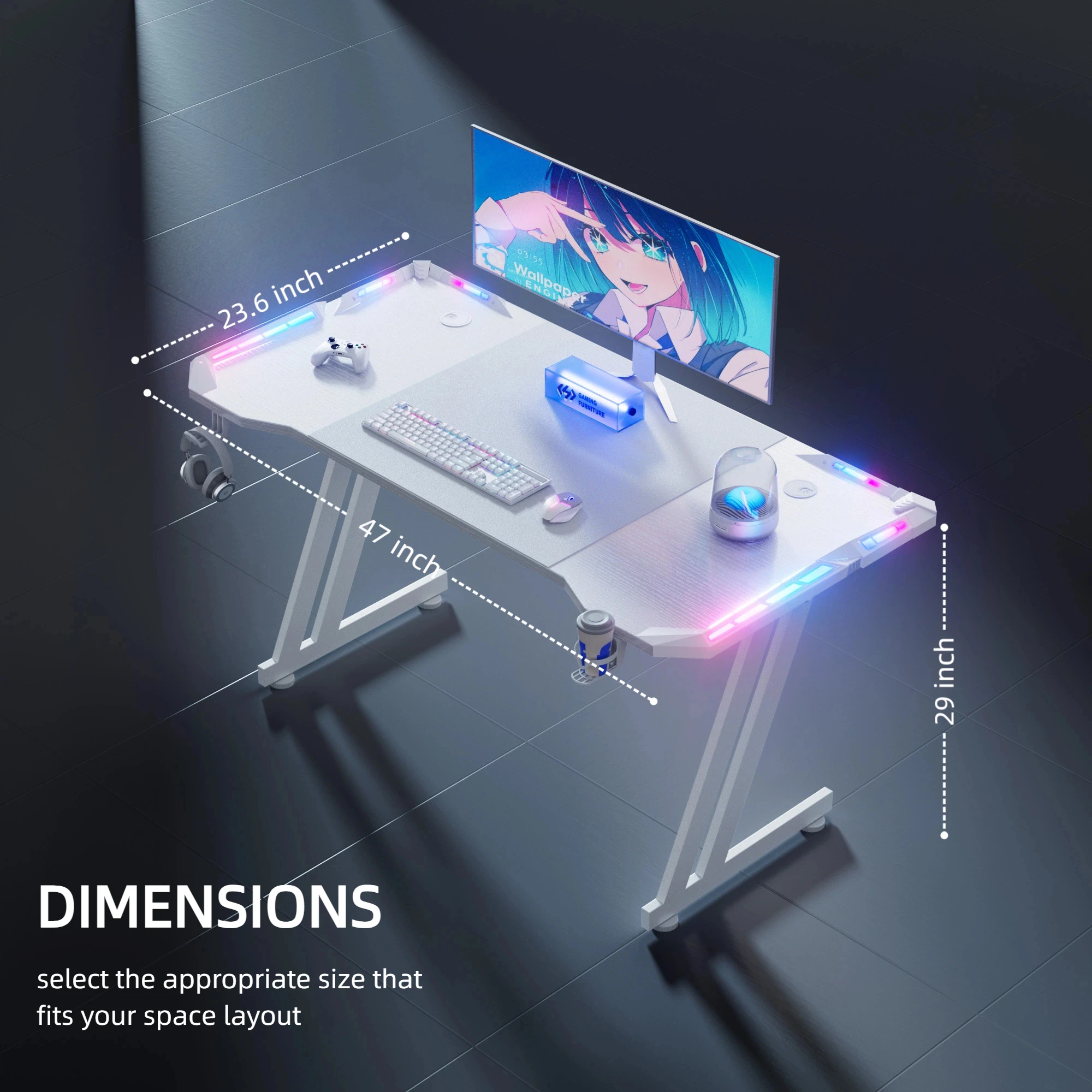 47/55/63inch Gaming Desk, Carbon Fibre Gaming Table with LED Lights, Z Shaped Ergonomic Desk with Cup Holder & Headphone Hook, White photo 7