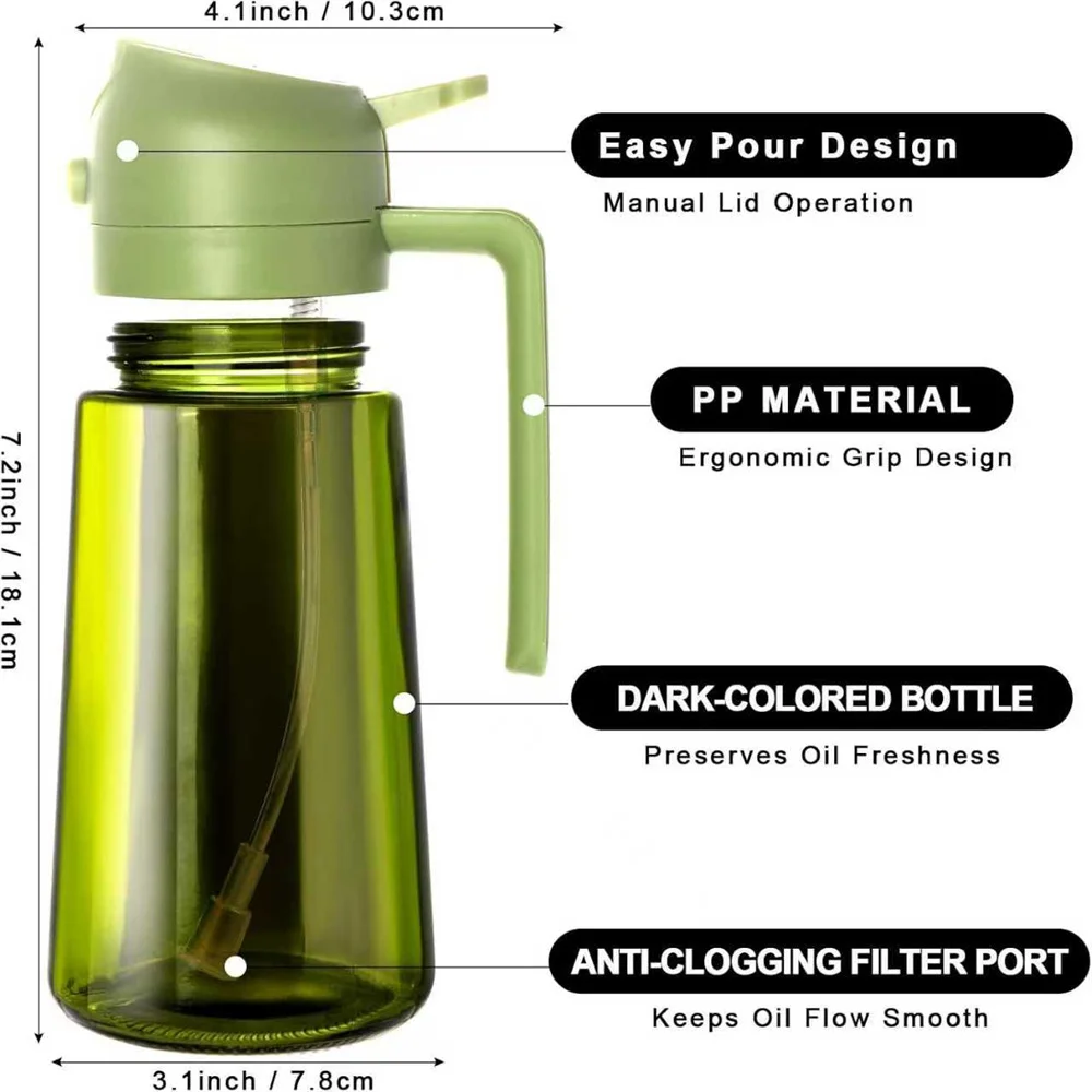 Olive Oil Dispenser,Sprayer for Cooking 2 in 1- Spray and Pour,Dark Green Glass Oil Bottlewith Stickers,16oz/470ml Oil Sprayer photo 2