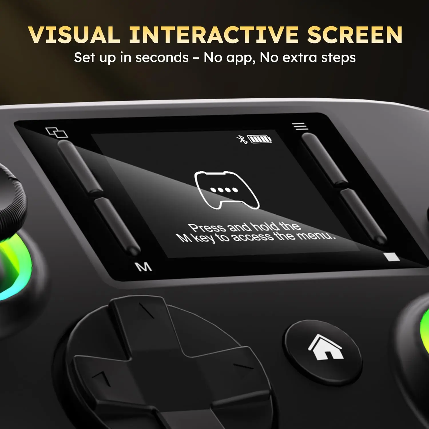Wireless gaming controller with an interactive screen, compatible with PC, PS4, Switch, Android, and iOS devices. Features 4 programmable buttons, rapid-fire functionality, a 6-axis gyroscope, dual vibration feedback, and RGB lighting. photo 2