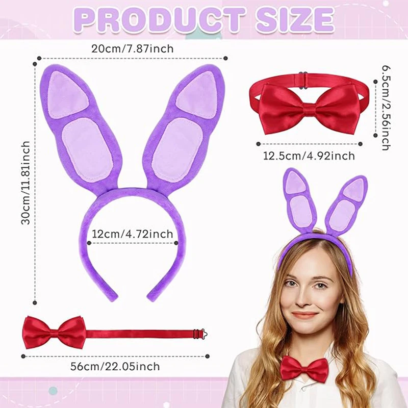 FNAF Freddy Bonnie Purple Bunny Costume Accessories Bunny Ears Headband with Red Bow Tie for Women Men Halloween Party Cosplay photo 2