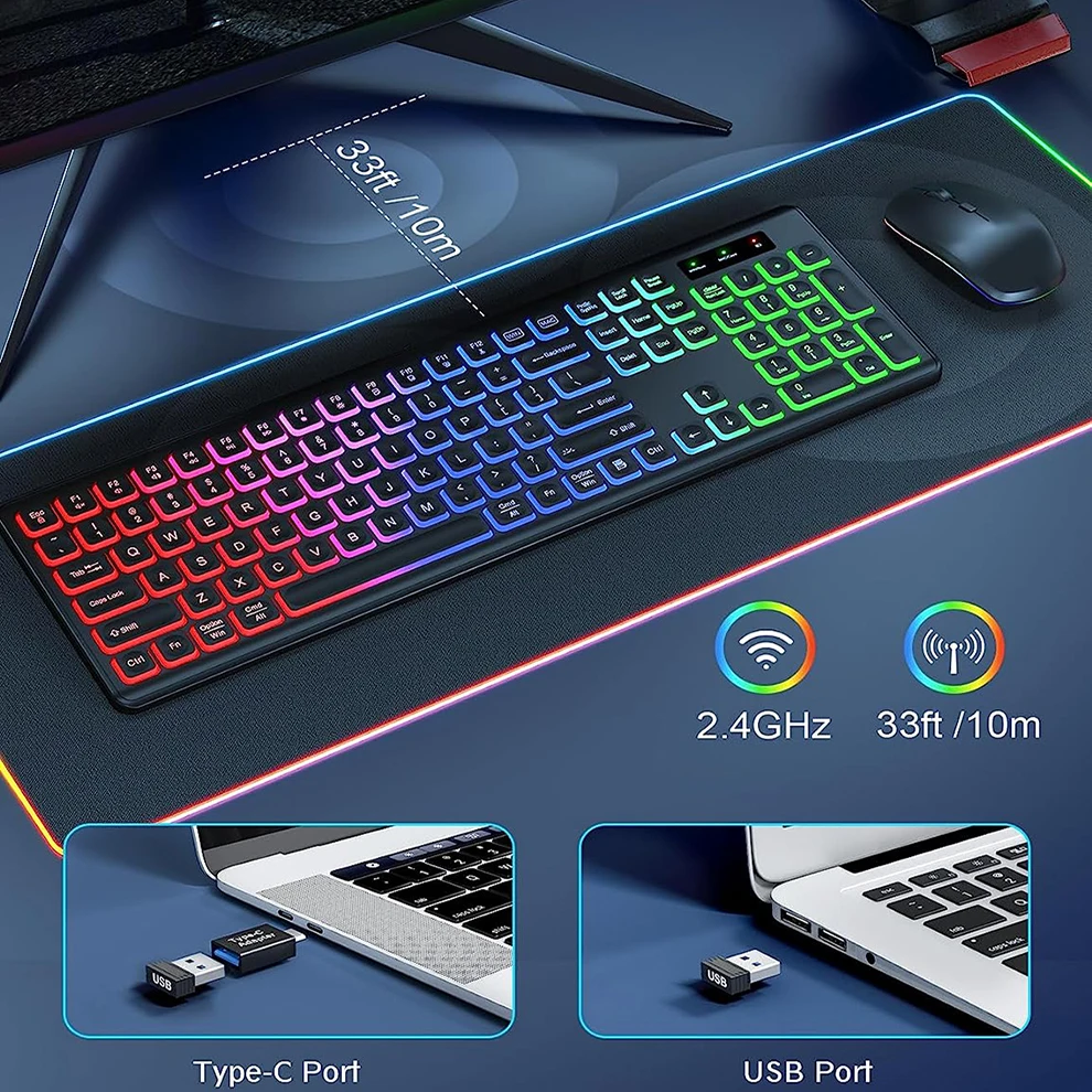 JOMAA 2.4G Wireless Keyboard Mouse Combo RGB Backlit Rechargeable Full-Size Ergonomic Type-c Wireless Keyboard Mouse Set photo 2