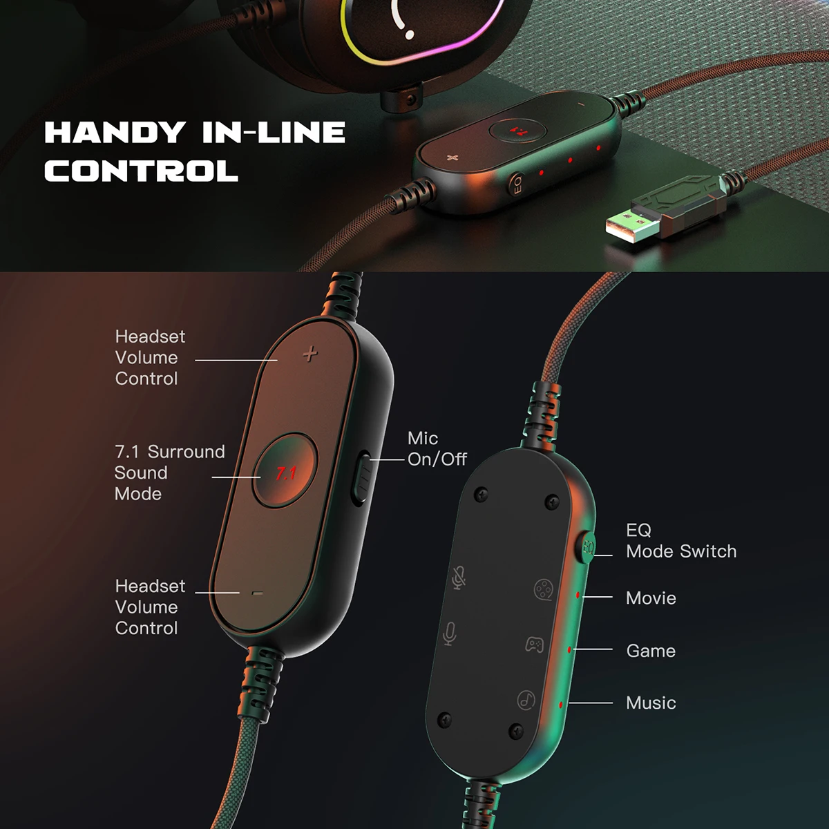 Fifine Dynamic RGB Gaming Headset with Mic Over-Ear Headphones 7.1 Surround Sound PC PS4 PS5 3 EQ Options Game Movie Music photo 5