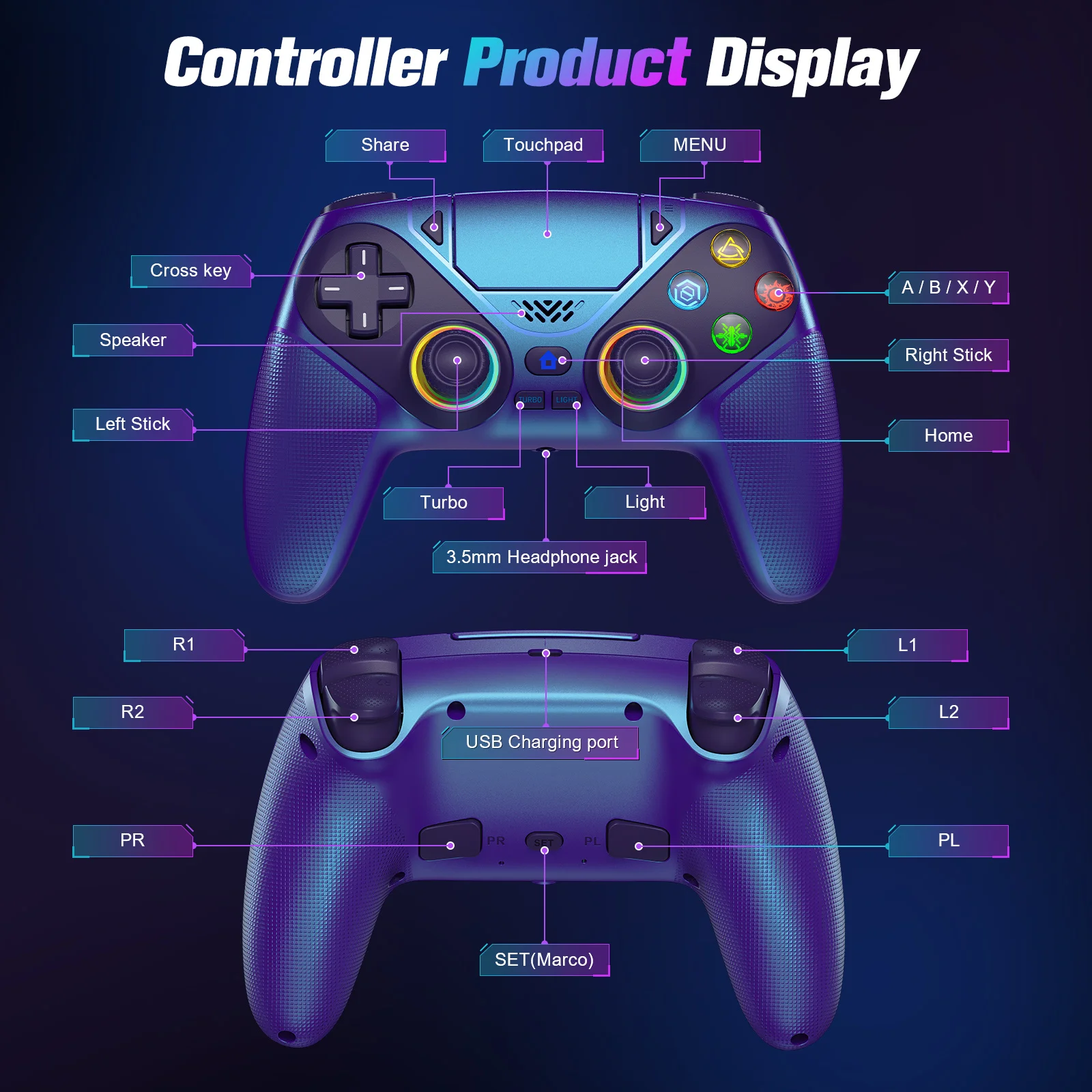 Controller for Playstation 5/PS5/PS5 Pro/Slim/PC,Wireless Gamepads RGB Joystick Turbo/Marco Program Dual Vibrate Game Controle photo 6