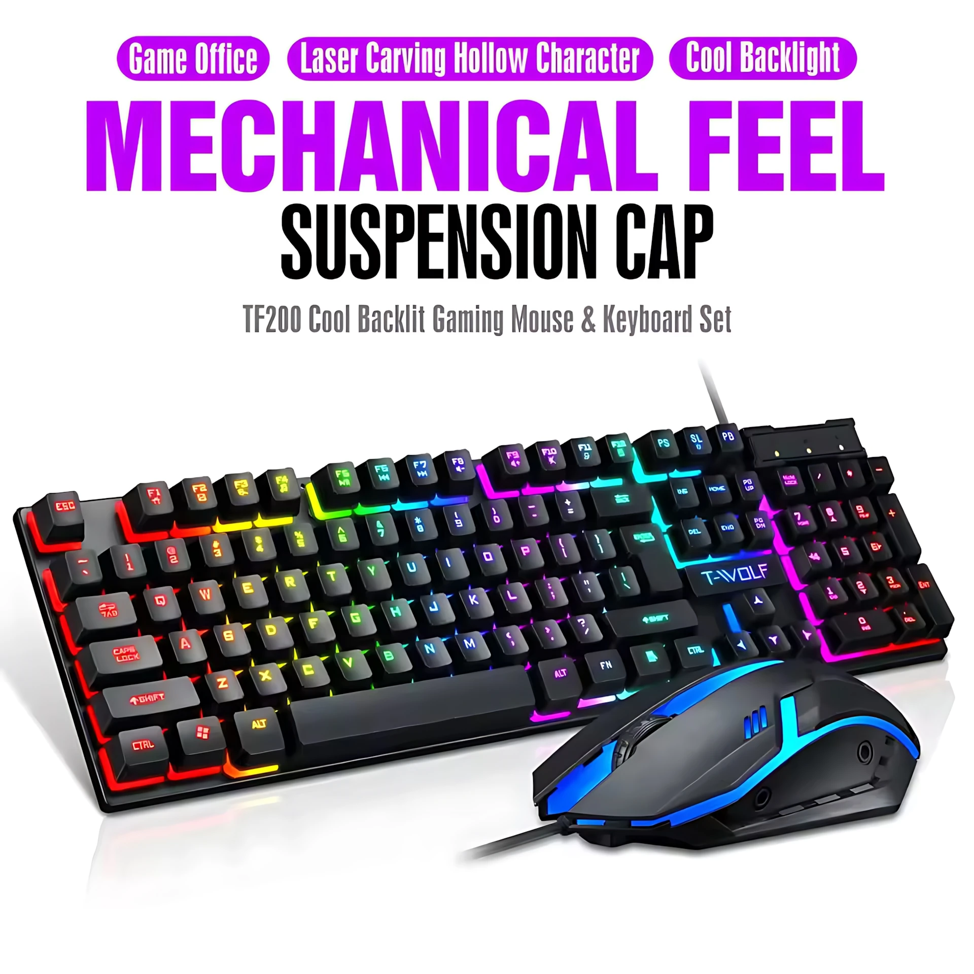 Rainbow Backlit Wired Keyboard and Mouse,Floating Keycap Strong, Wear-resistant, Comfortable Feel Keyboard for Business Office photo 1
