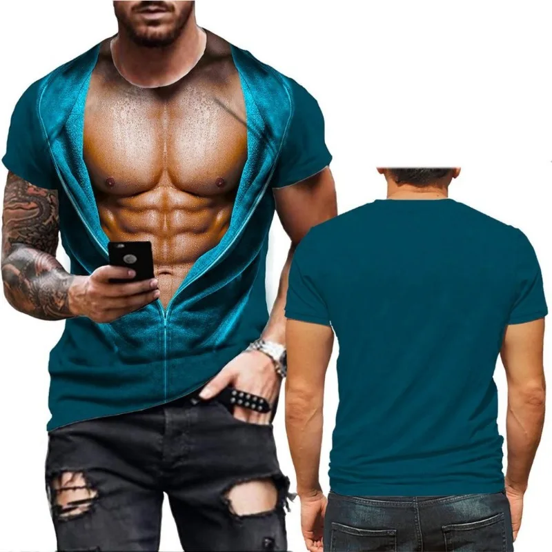 Men's Realistic 3D Muscle Tattoo Printed T-Shirt Funny Novelty Casual Camiseta Summer Holiday Streetwear Short Sleeve Tees photo 3