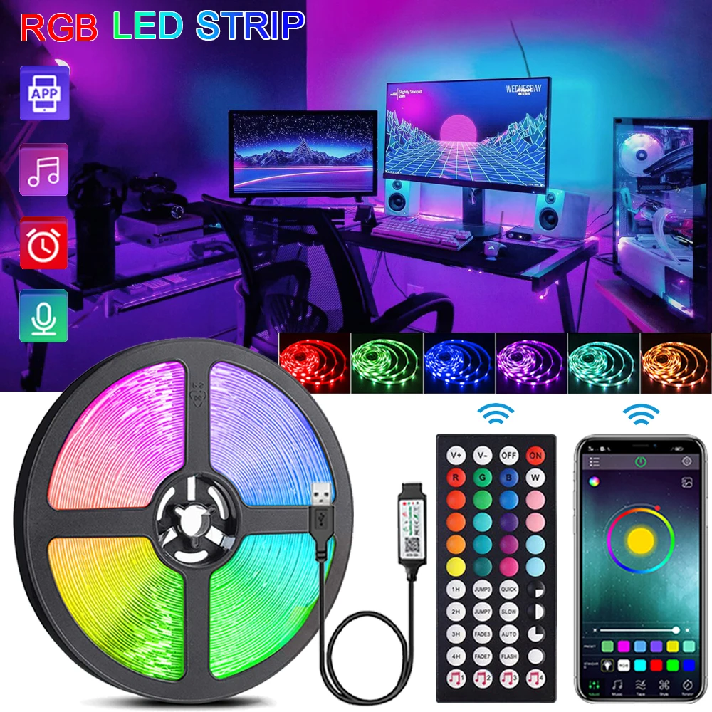 RGB LED Strip Lights Music Sync USB 5V Remote Control Led Ribbon Flexible Lamp For Room Party TV Desk Bedroom Decoration photo 1