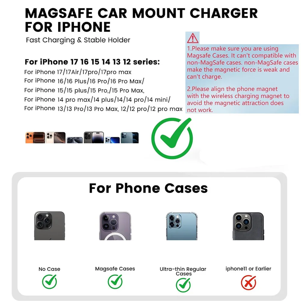 30W Fast Charging Magnetic Car Wireless Charger, LED Light Phone Mount Holder for iPhone 12, 13, 14, 15，16，17， Pro Max photo 3