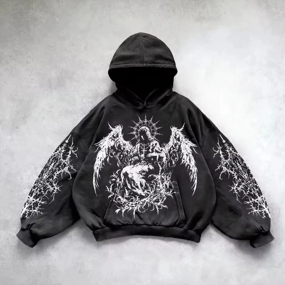 Retro Gothic Graphic Print Hip Hop Hoodie for Men Y2k Grunge Punk Casual Loose Pullover Women Streetwear Sweatshirt Hoodies photo 2