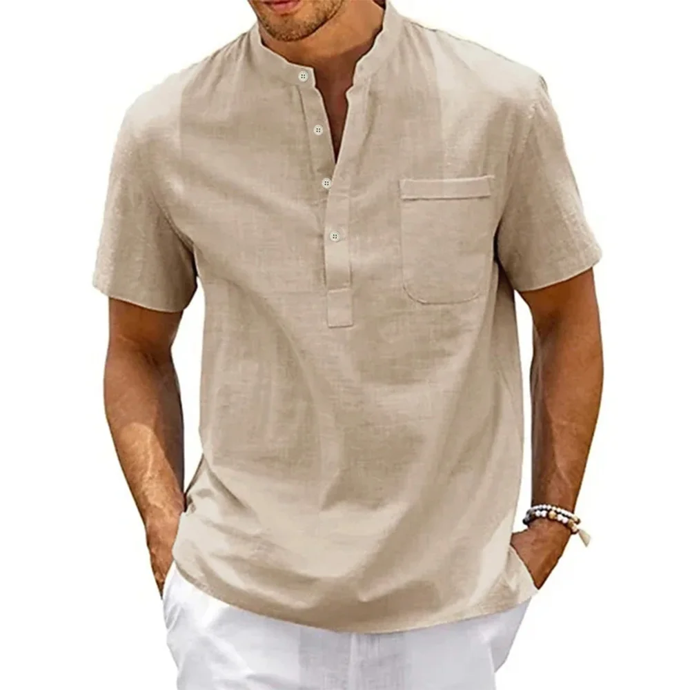 Cotton Linen Shirt Men Henley Neck Pocket Casual Beach Short Sleeve Solid Color Male Tops T-shirts Vintage Streetwear photo 1