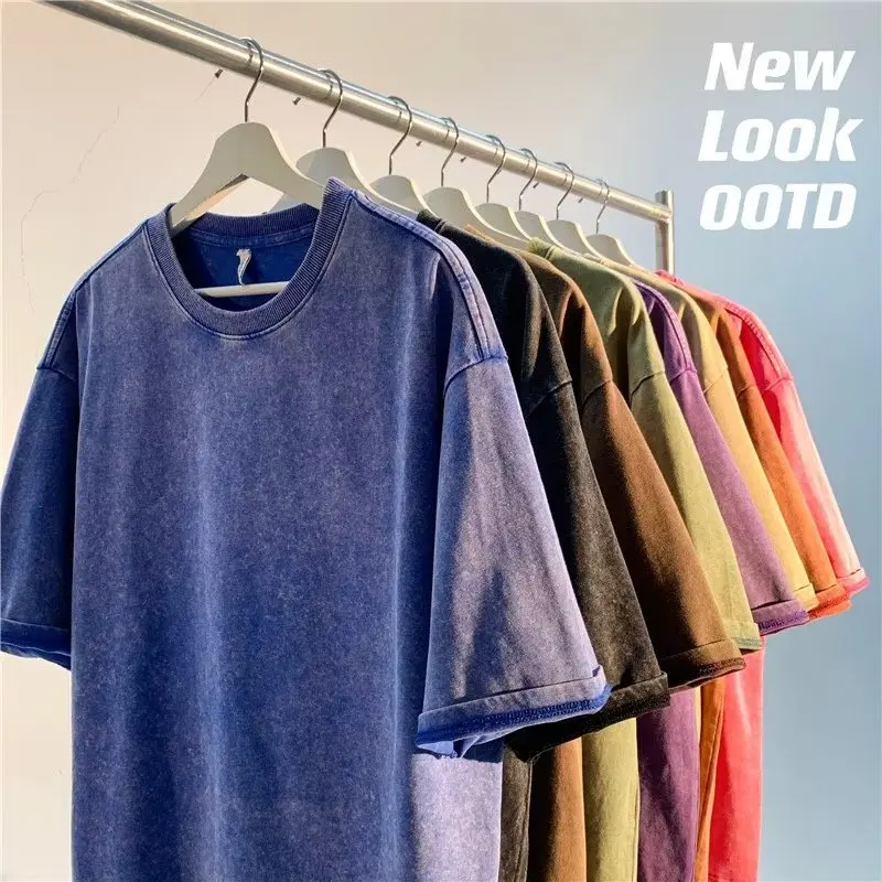 American Style Retro Heavyweight Solid Color Short Sleeved T-shirt Men Women Summer Street Trendy Washed Old Oversized Clothes photo 8
