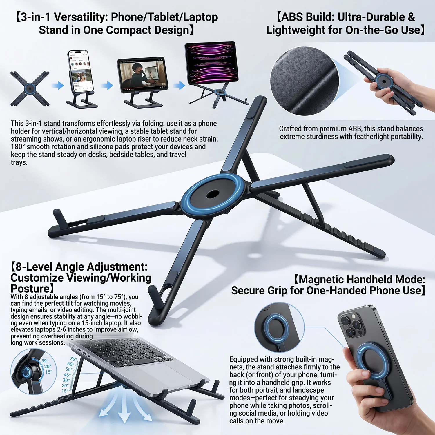 3 in 1 Foldable Laptop Stand Magnetic Phone Holder Portable Desk Mount with Tripod Handle for Pro iPad Travel Vlogging photo 7