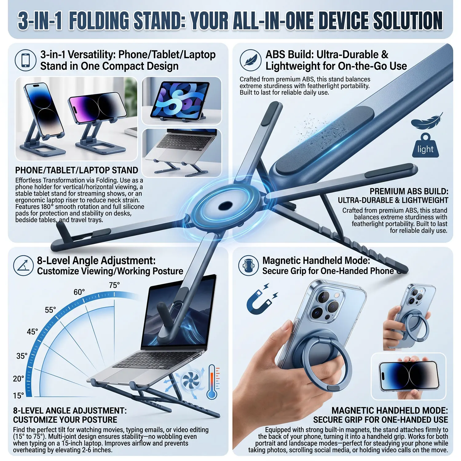 3 in 1 Foldable Laptop Stand Magnetic Phone Holder Portable Desk Mount with Tripod Handle for Pro iPad Travel Vlogging photo 3
