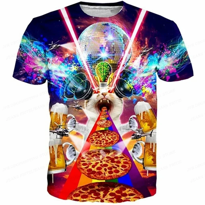 3D Printed Funny Cat T Shirt For Men Animal Food Pattern Tees Summer Street Oversize Short Sleeve Tops Loose Round Neck T-Shirts photo 7