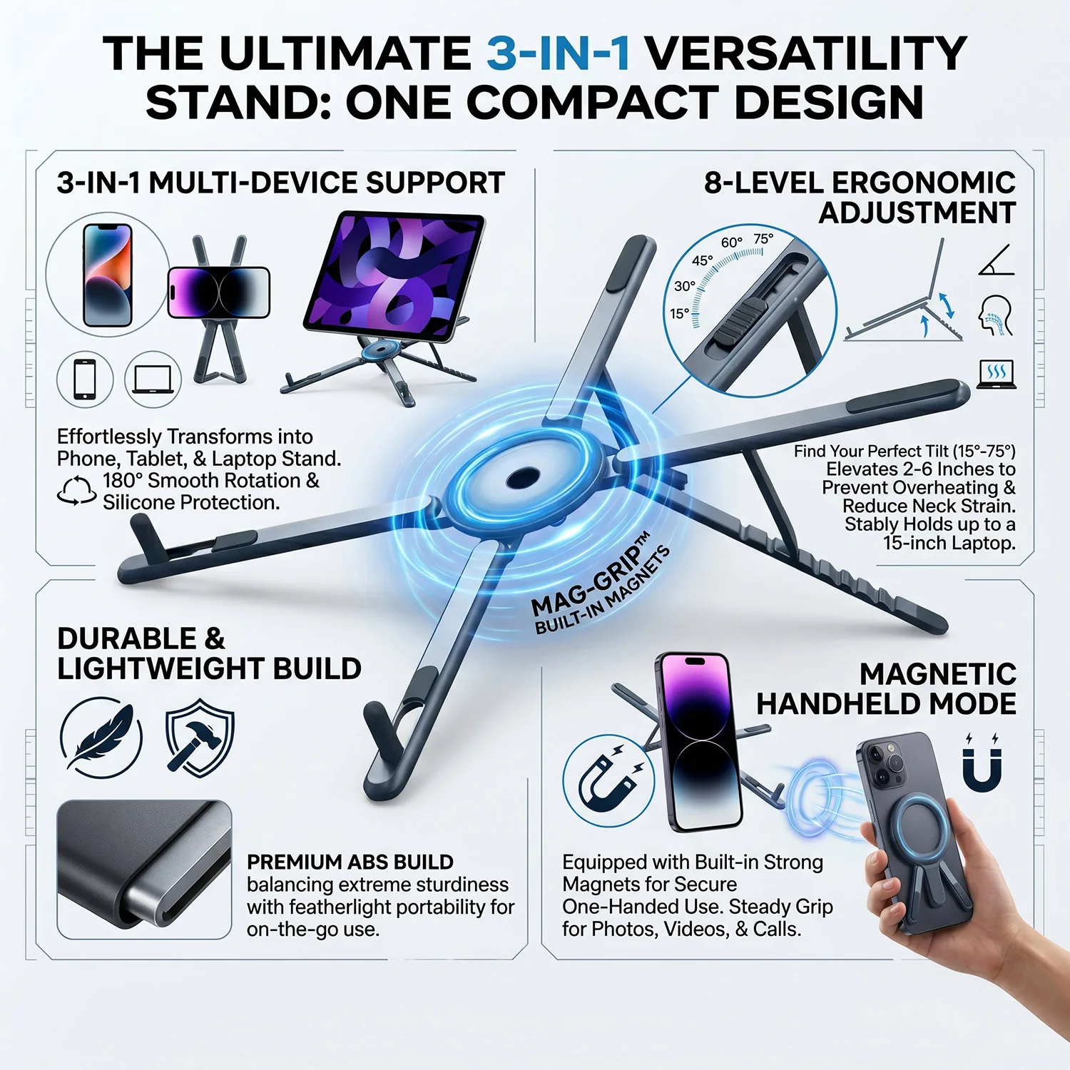 3 in 1 Foldable Laptop Stand Magnetic Phone Holder Portable Desk Mount with Tripod Handle for Pro iPad Travel Vlogging photo 2