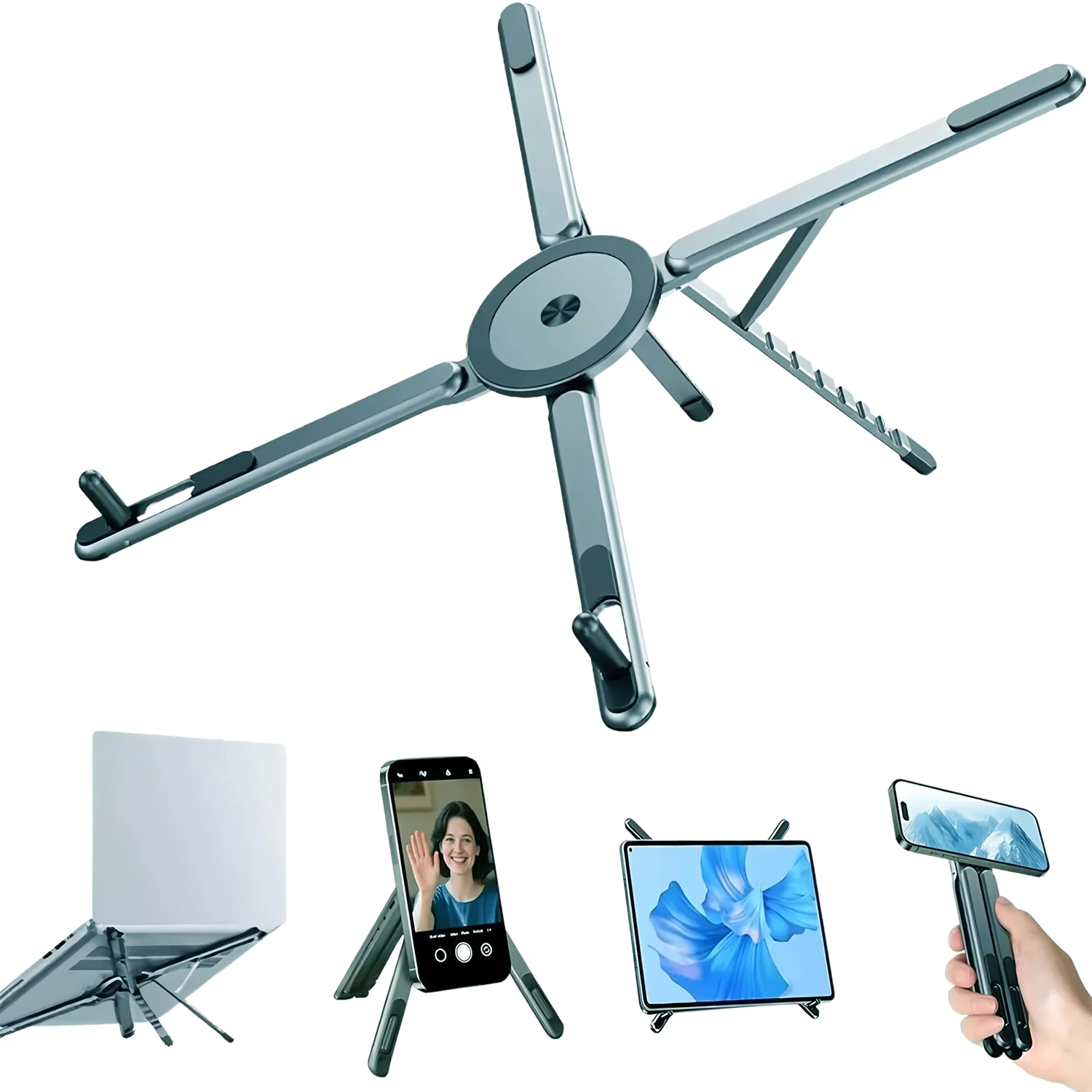 3 in 1 Foldable Laptop Stand Magnetic Phone Holder Portable Desk Mount with Tripod Handle for Pro iPad Travel Vlogging photo 8
