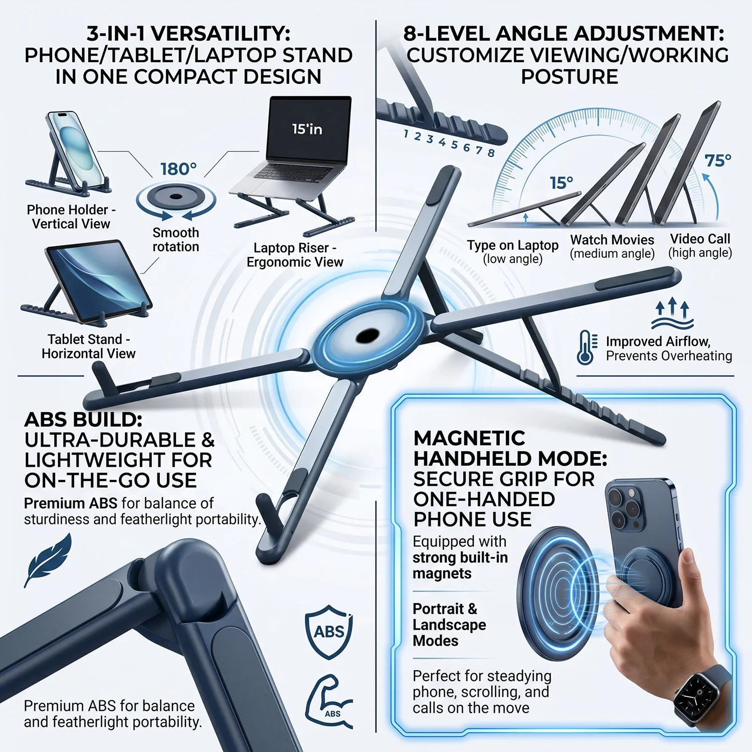 3 in 1 Foldable Laptop Stand Magnetic Phone Holder Portable Desk Mount with Tripod Handle for Pro iPad Travel Vlogging photo 5
