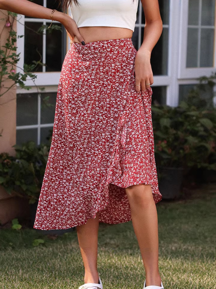 Women Ditsy Floral Midi Skirt High Waist A Line Flowy Ruffle Hem Casual Boho Skirt For Summer photo 1