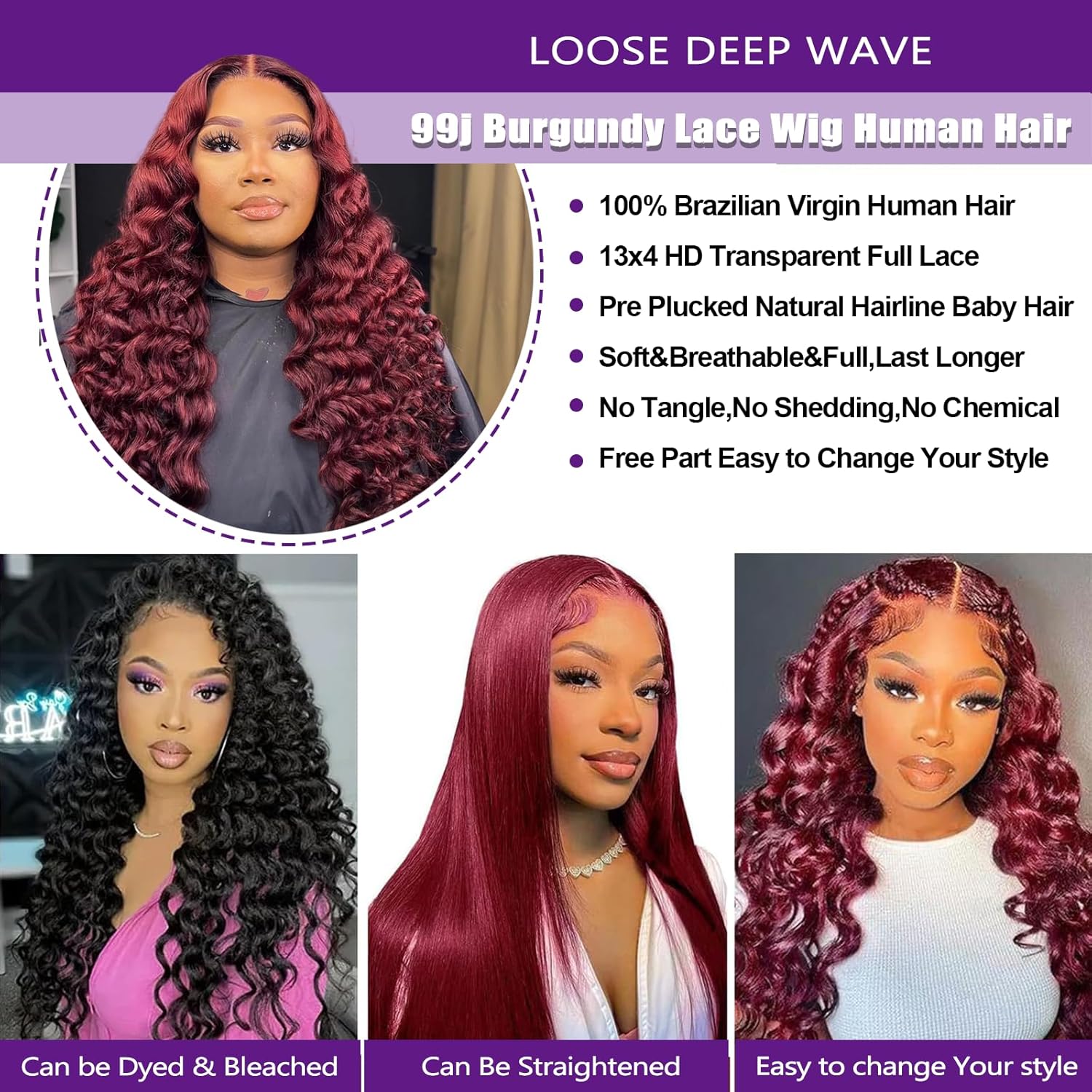 13x4 Lace Front Loose Wave Human Hair Wig Burgundy Red Density photo 4