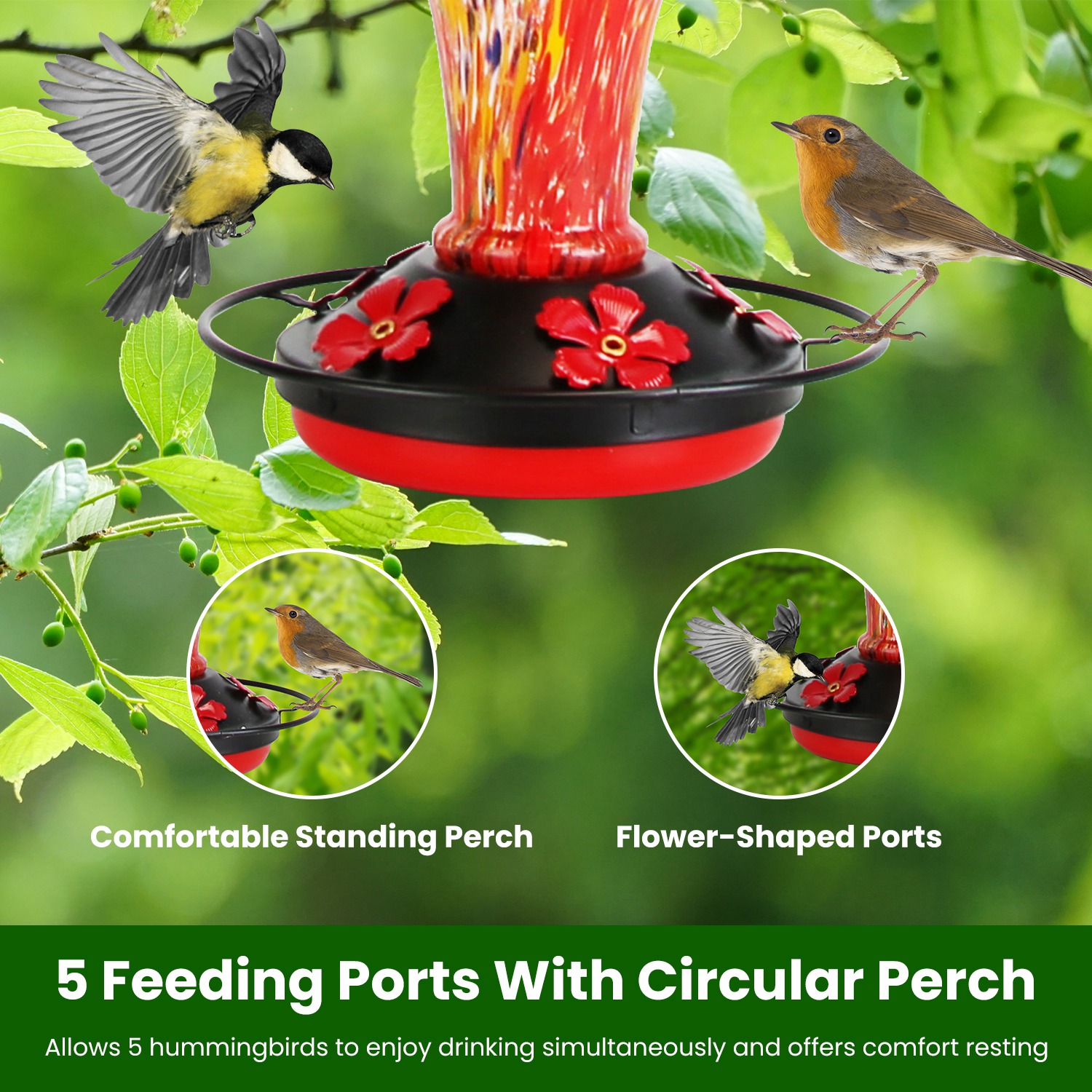 1Pc Glass Hummingbird Feeder 33OZ Hand Blown Hummingbird Feeder With 5 Flower Feeding Port Perch Ant Moat Hanging Hook S Hook Hemp Rope Cleaning Brush For Garden Decor photo 6
