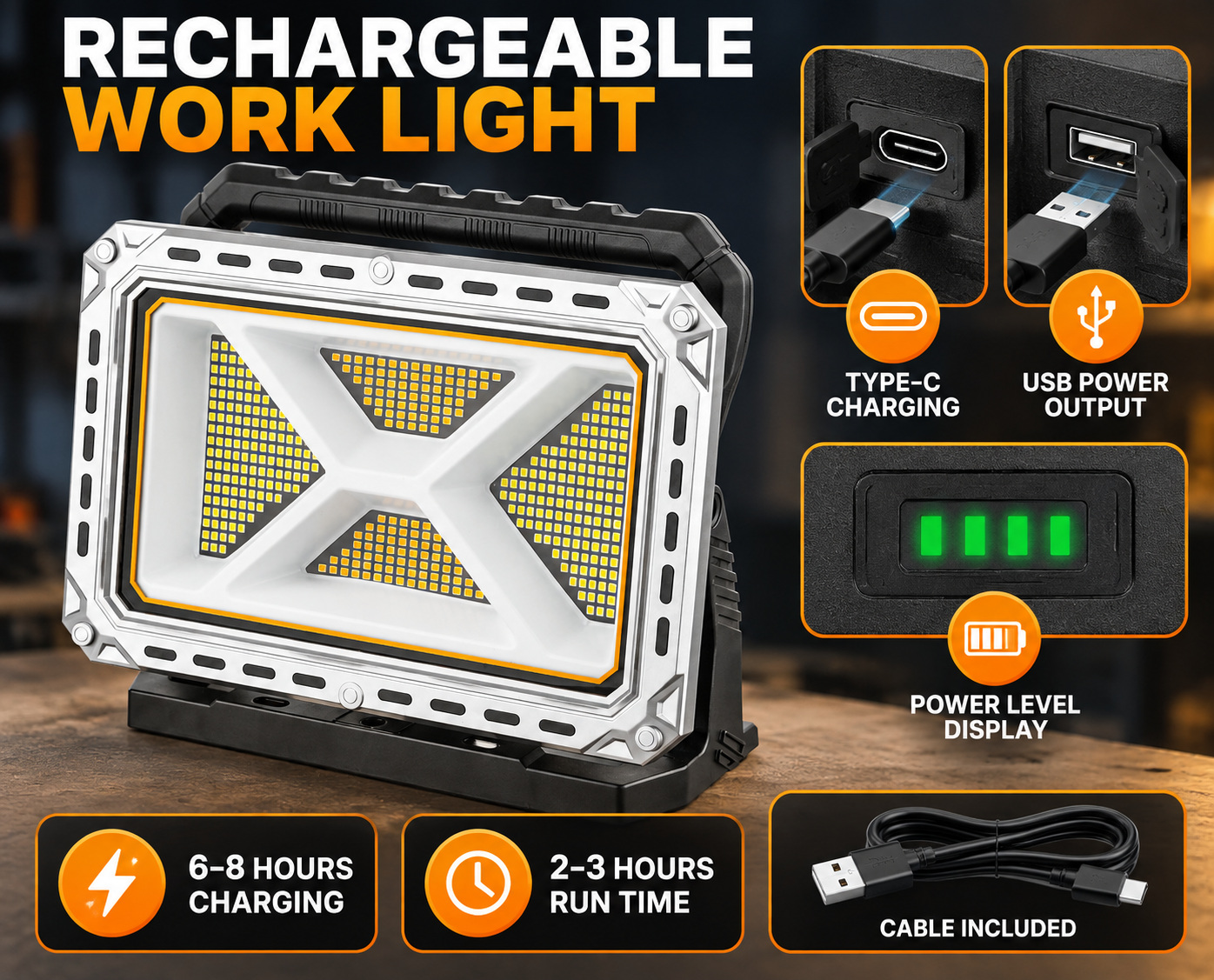 Rechargeable Battery Display Type C LED Work Light For W8141 4 3500LM 416 Flood 3 photo 6