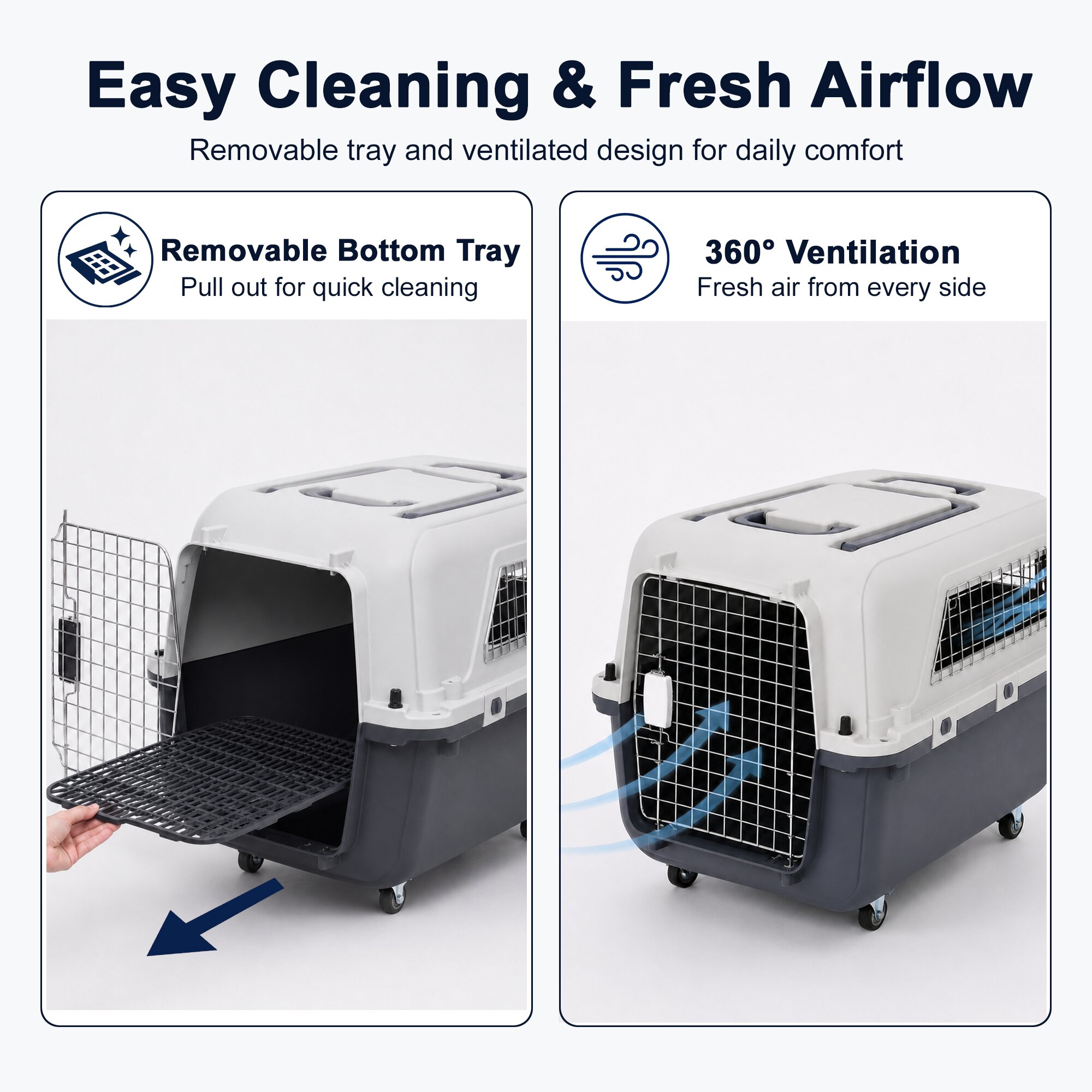 Large Pet Carrier For Cats And Dogs, Travel Crate With Ventilated Metal Door, Dual-Point Locking System, Removable Wheels And Detachable Top, Kennel For Car Travel photo 4