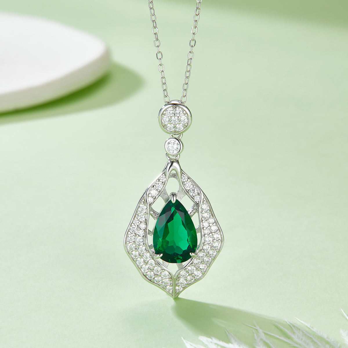 S925 Silver 5.4g Platinum Plated 4ct Lab-Created Emerald Necklace, 12x8mm Teardrop Pendant, 40&5cm photo 2