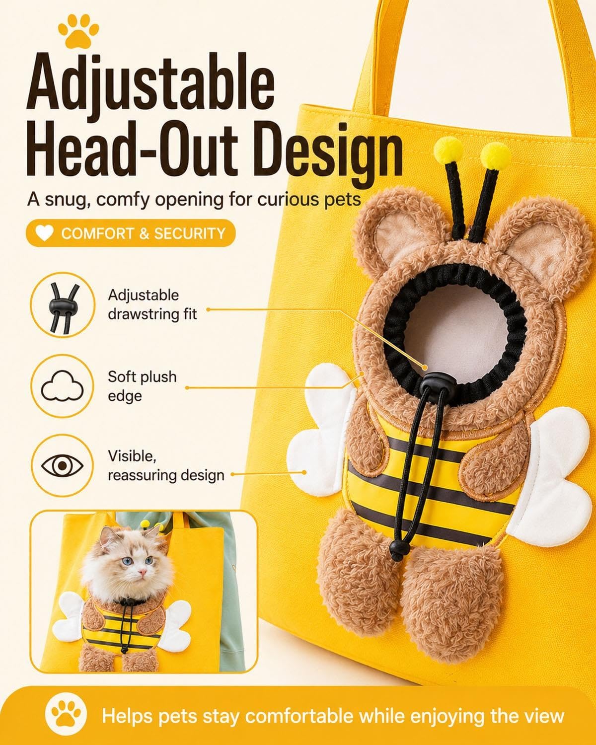 Paw Peek Bag, Breathable Pet Canvas Shoulder Carrier, Cat Dog Tote Colorful Animal Shapes Carrying Bag With Head-Out Design Adjustable Neck Small Dog Cat Carrier For Outdoor Use photo 3