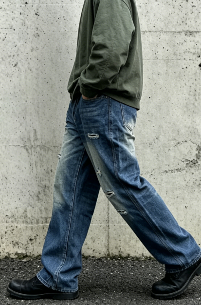 Vintage Washed Jeans Men Relaxed Fit Distressed Denim Pants Loose Streetwear Plus Size Big Tall Ready Stock photo 6