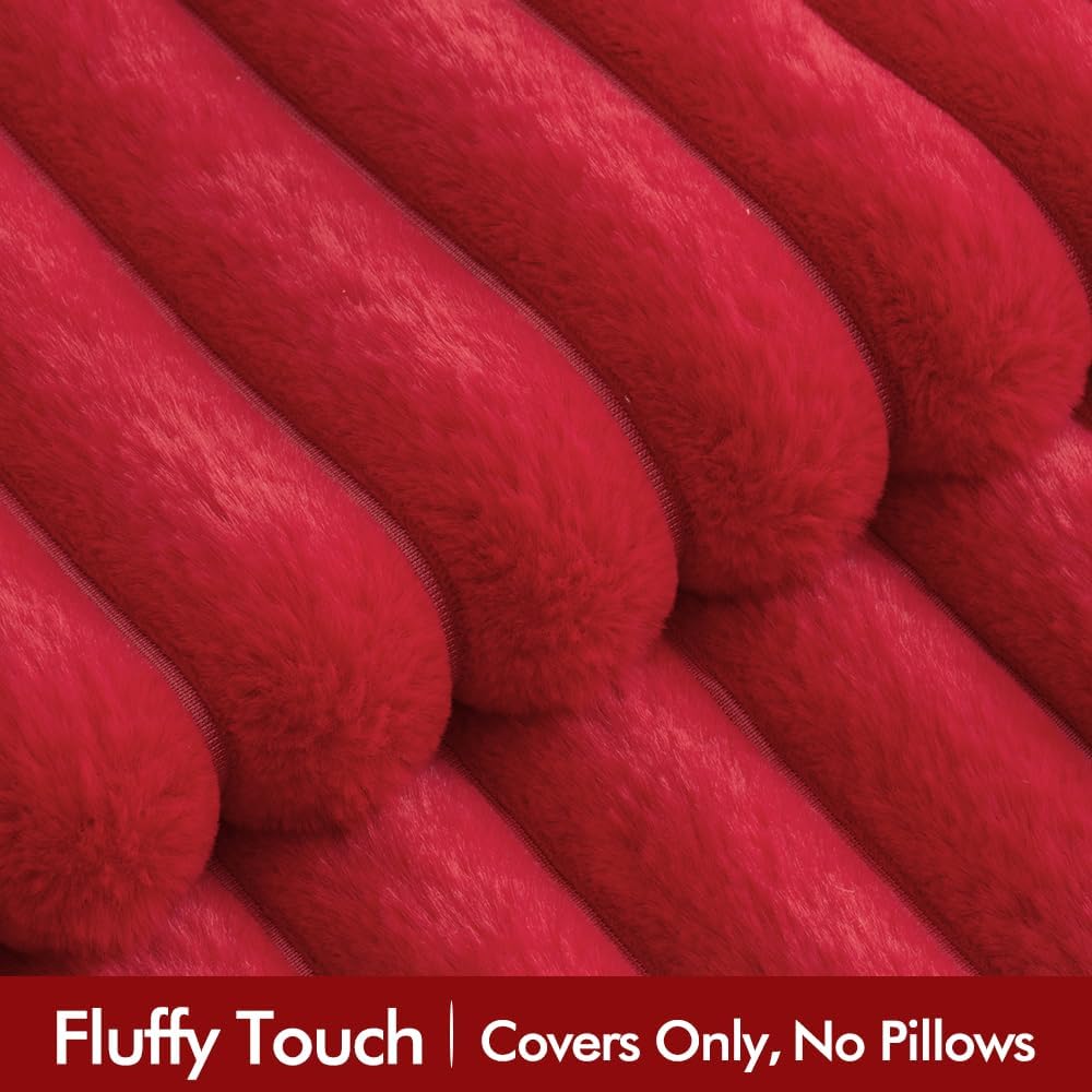 Red Fuzzy Christmas Throw Pillow Covers 2 Units, Striped 18x18 Inch Plush Cushion Cases For Sofa, Couch And Holiday Decor photo 4