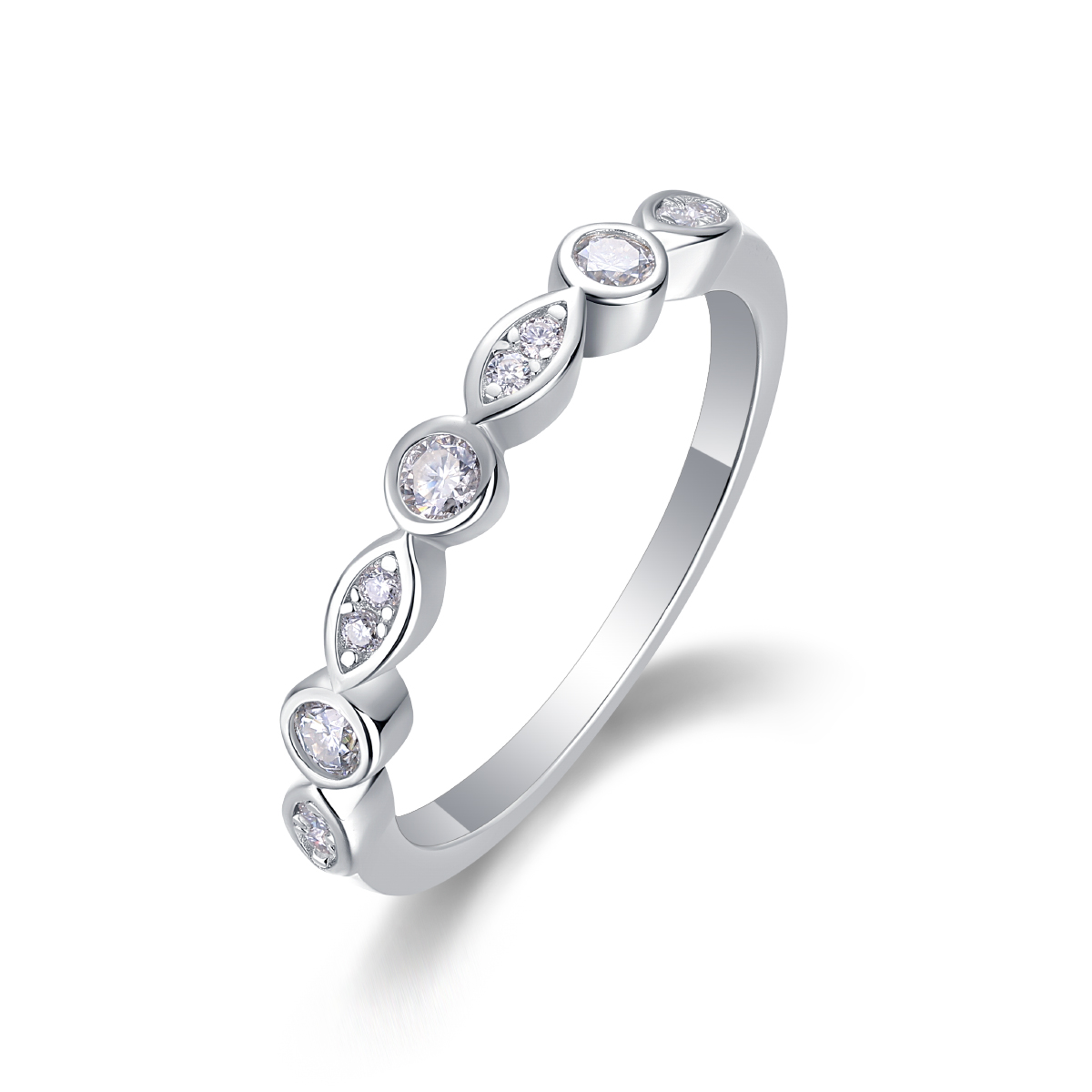 S925 Silver 1.8g Platinum Plated Moissanite Ring, 3.5mm Round & Marquise Bezel Half Eternity Band, GRA Certified US 5-9 photo 1