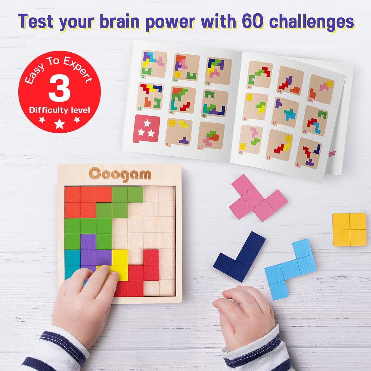 Wooden Pattern Blocks Puzzle With 60 Challenges, 3D Tangram Brain Teaser Game For Kids And Adults, STEM Learning Toy photo 3