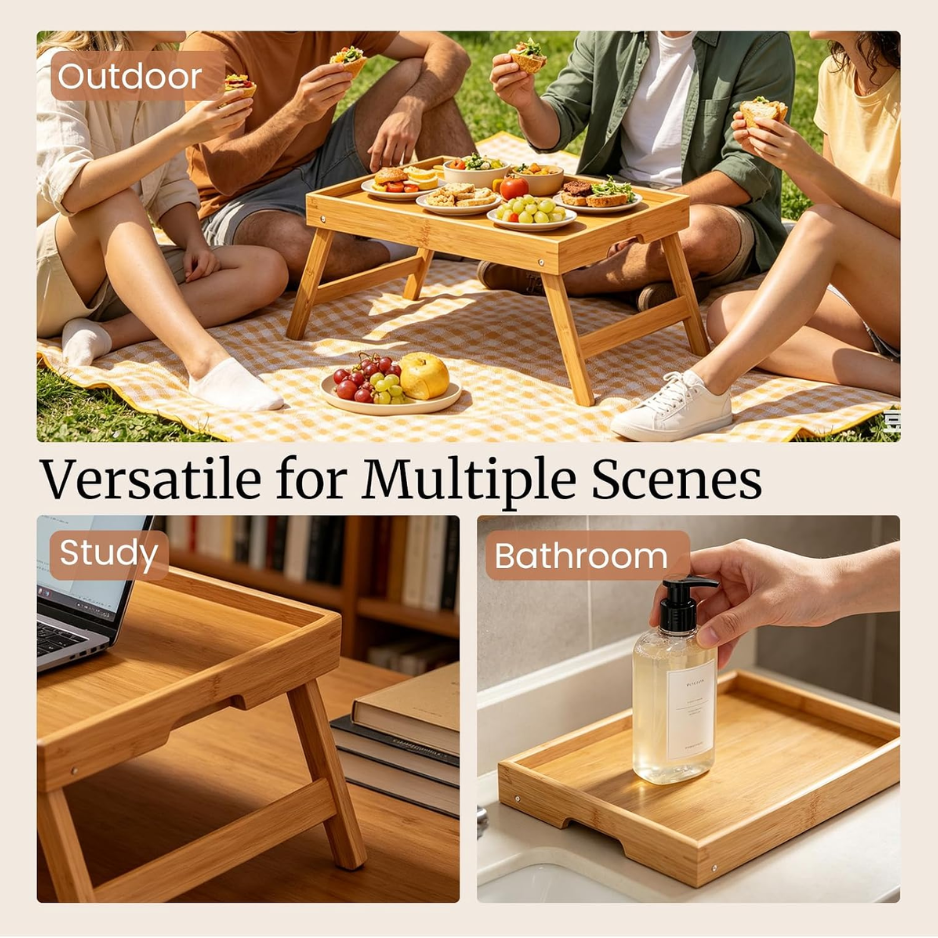 Fibogollo 2 Pack Bamboo Bed Tray Table With Folding Legs,Breakfast Trays,Serving Tray For Food And Snack,Laptop Trays For Working Natural photo 5