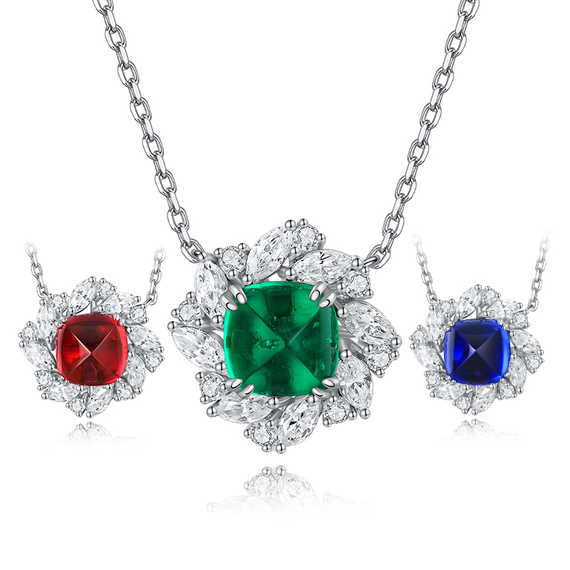 S925 Silver 5.6g Lab-Created Ruby Sapphire Emerald Necklace, 9x9mm Cushion Cut, 40&5cm photo 1