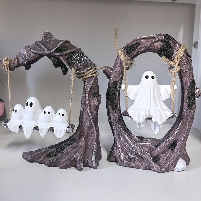 Halloween Ghost On Tree Swing Figurine Cute Swinging Ghost Statue For Desktop Shelf Mantel And Table Decor photo 4