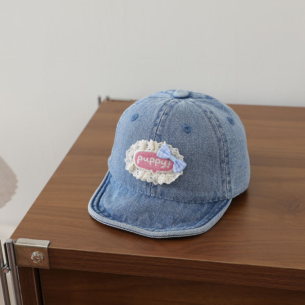 Sweet Style Patchwork Lettered Lace Edging Denim Kids Baseball Cap Washed And Antique Soft Brim Bow Tie Hat photo 7