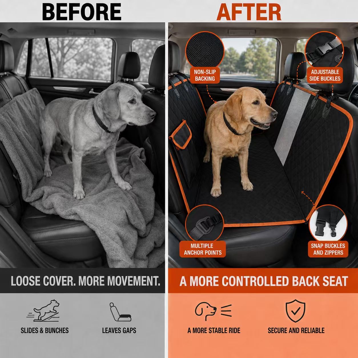 Dog Car Seat Cover For Back Seat,  Waterproof Hammock For Cars And SUVs Scratch-Resistant, Non-Slip Design With Mesh Window, Side Flaps And Storage Pocket, Black photo 8