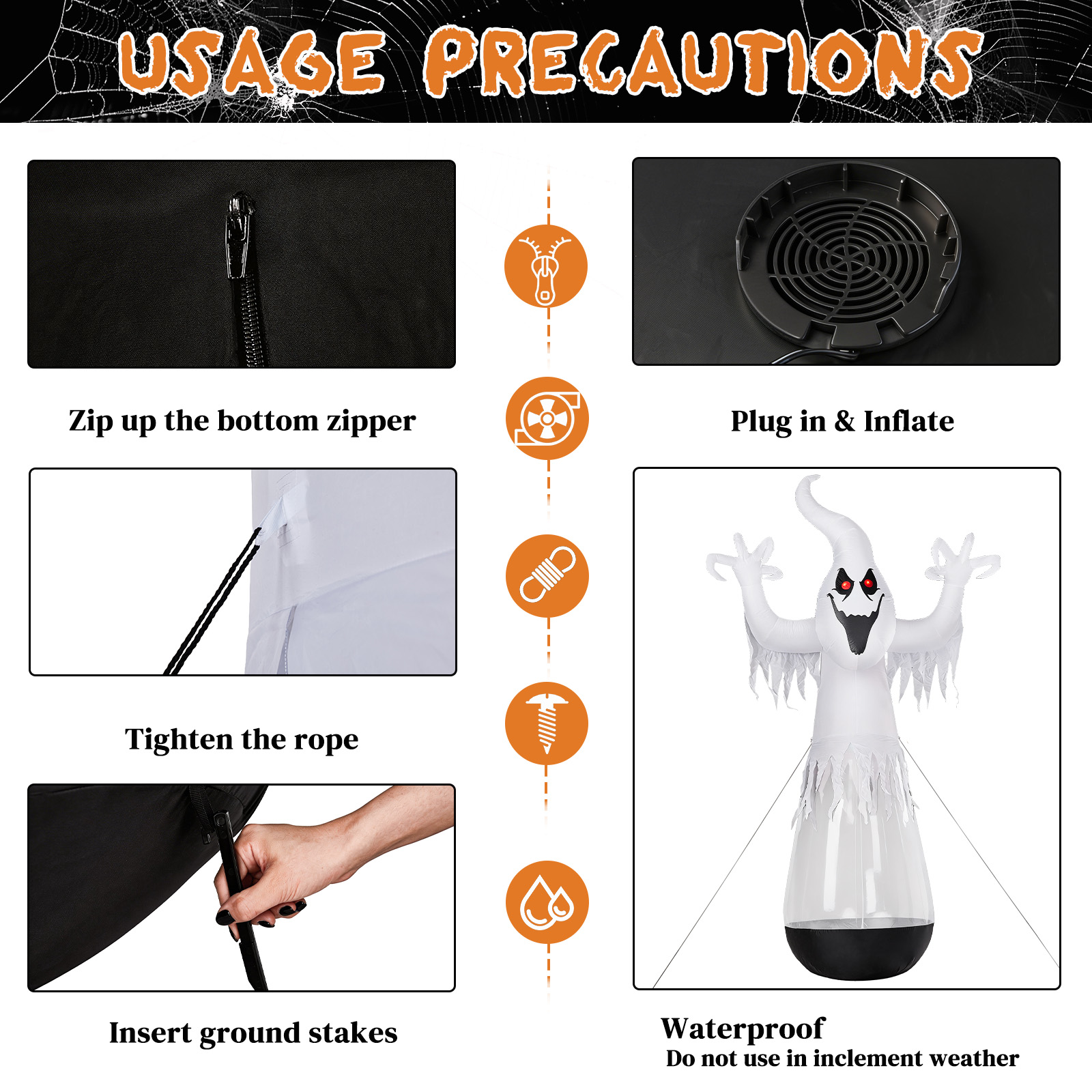 12ft Inflatable Halloween Decor Half-Body Clear PVC White Ghost With 2 LED Lights & 1 Stage Light,Black & White,12V 2000mA US Power Adapter photo 7