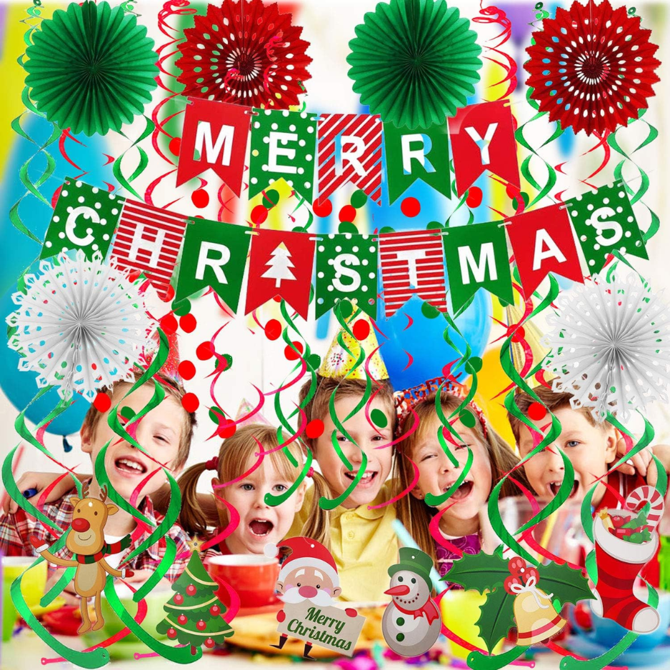 Merry Christmas Banner Paper Fan Flower Circle Confetti Dots Hanging Garlandand Swirl Streamers Christmas Tree photo 2