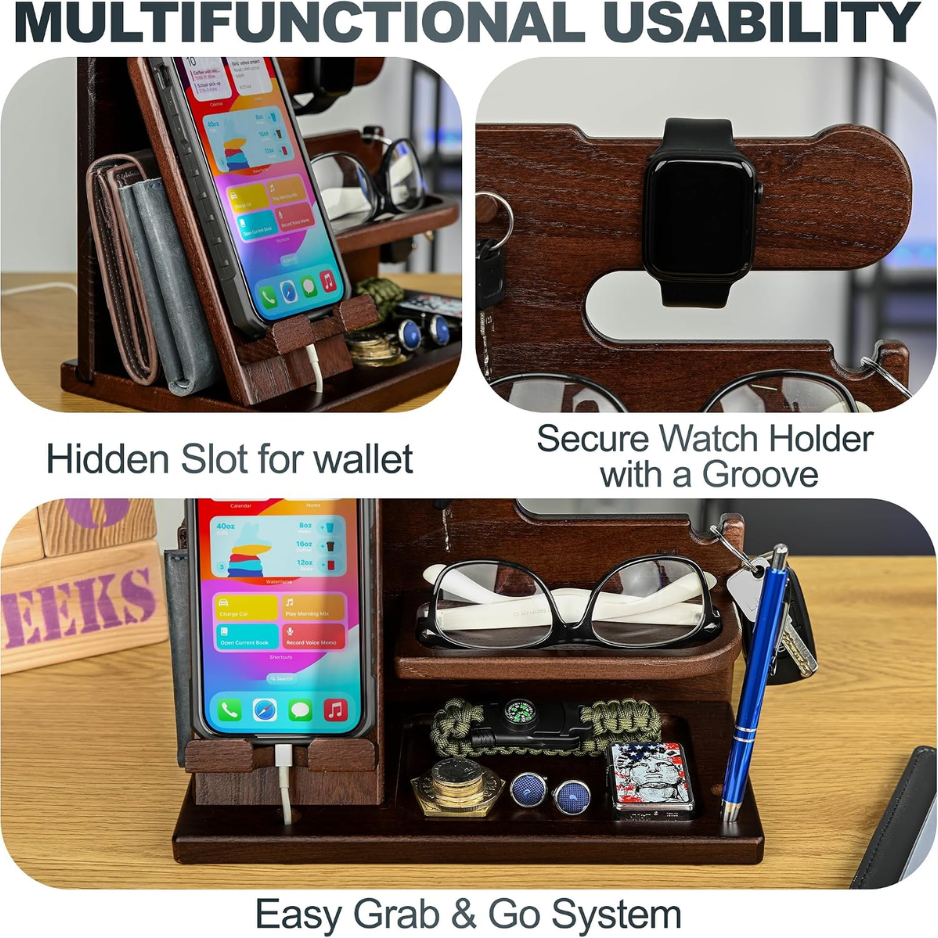 TESLYAR Wood Phone Docking Station For Men - Desk Or Nightstand Organizer - Birthday Gifts For Husband, Dad - Anniversary Idea From Wife - Key Holder, Stand Wallet, Watch, Essentials photo 2